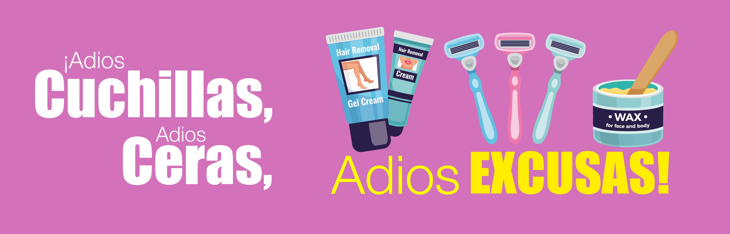 ilustración publicitaria de siesua Colombia: Adiós a cuchillas, ceras y cremas depilatorias con el láser diodo scanner.