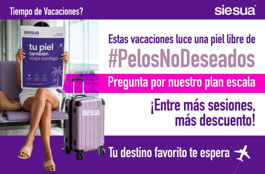 Promoción de depilación láser SIESUA para vacaciones con descuentos por sesiones y piel libre de pelos no deseados.